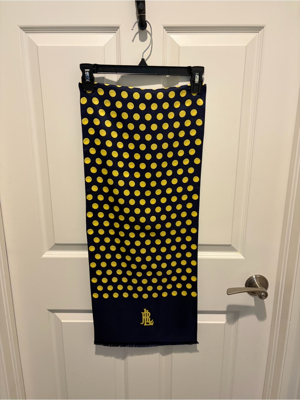 Ralph Lauren Navy and Yellow Polka Dot Pencil Scarf.